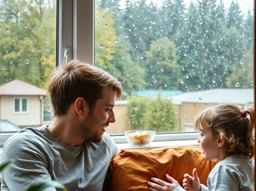 family enjoying the rainy weather indoors