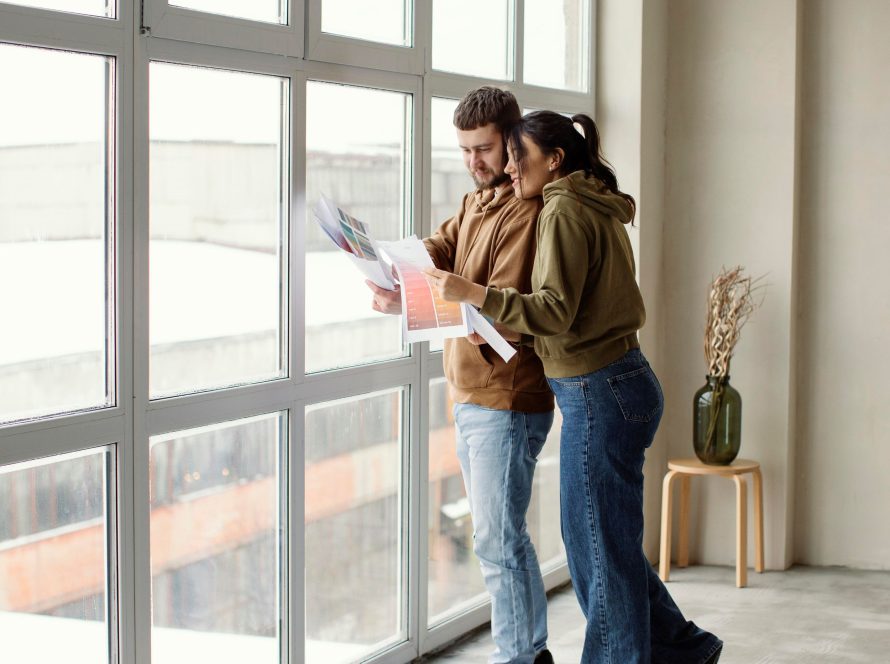 Couple deciding which aluminum window design to choose for their home.